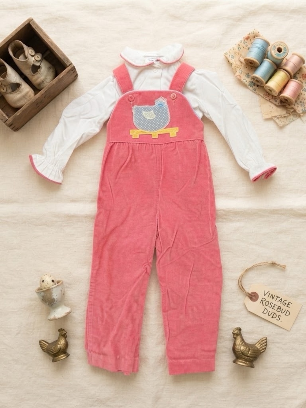 Vintage 80s  Rosebud Duds 2T Baby Girl Pink Corduroy Overalls – Chicken Appliqué